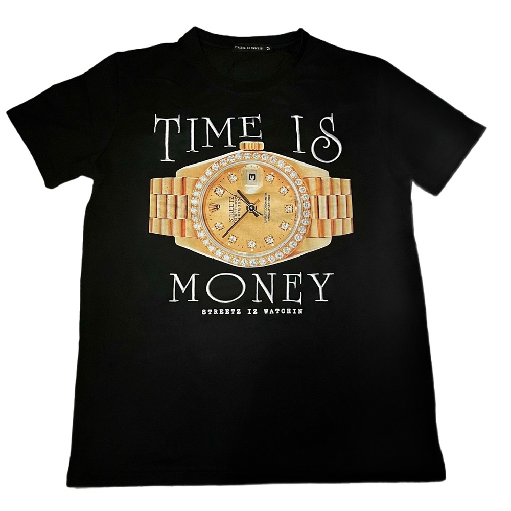 Time Is Money Black Tee, Size M, Pre-Owned, No Flaws